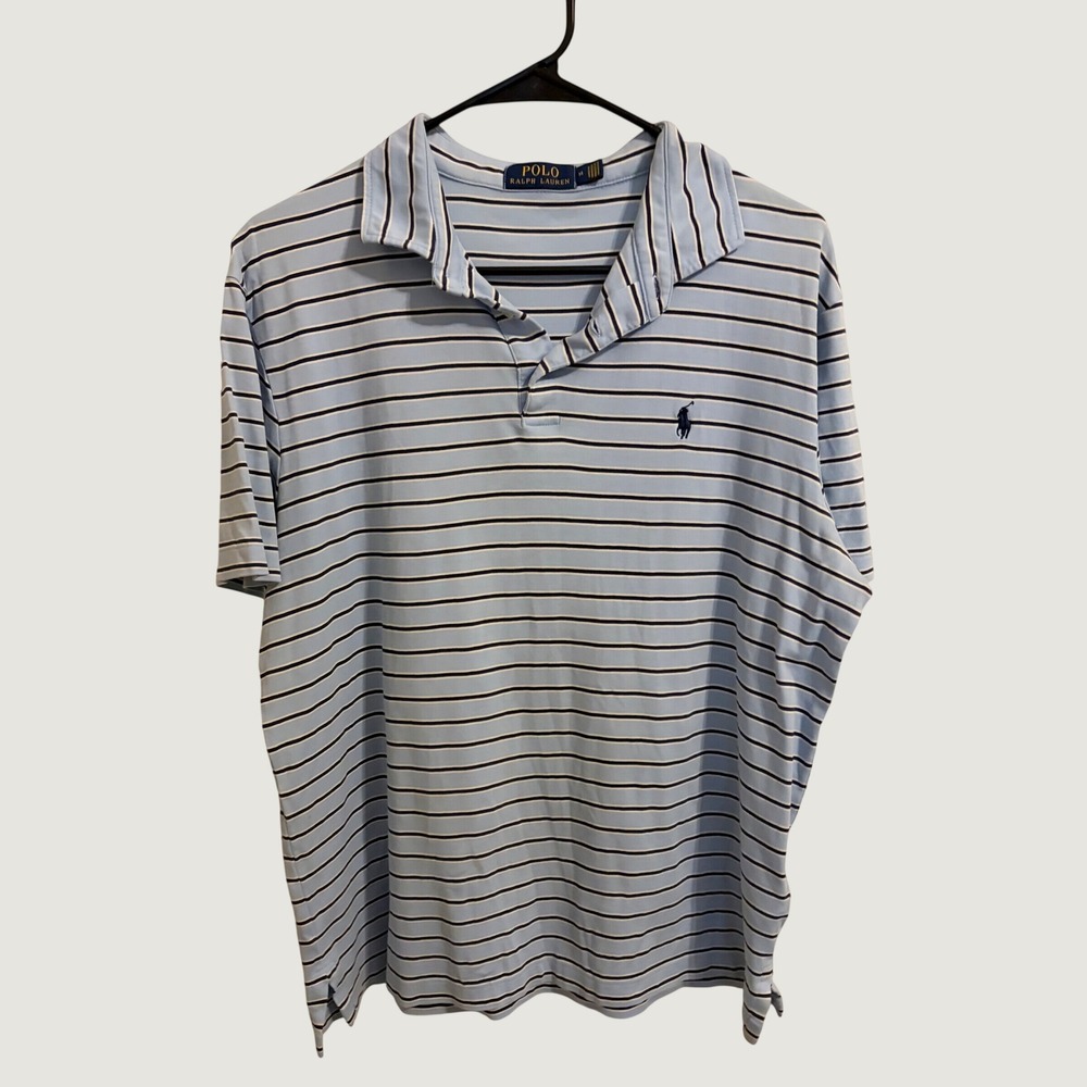 Polo Ralph Lauren Blue Striped Performance Polo Shirt M Preppy Golf Coastal